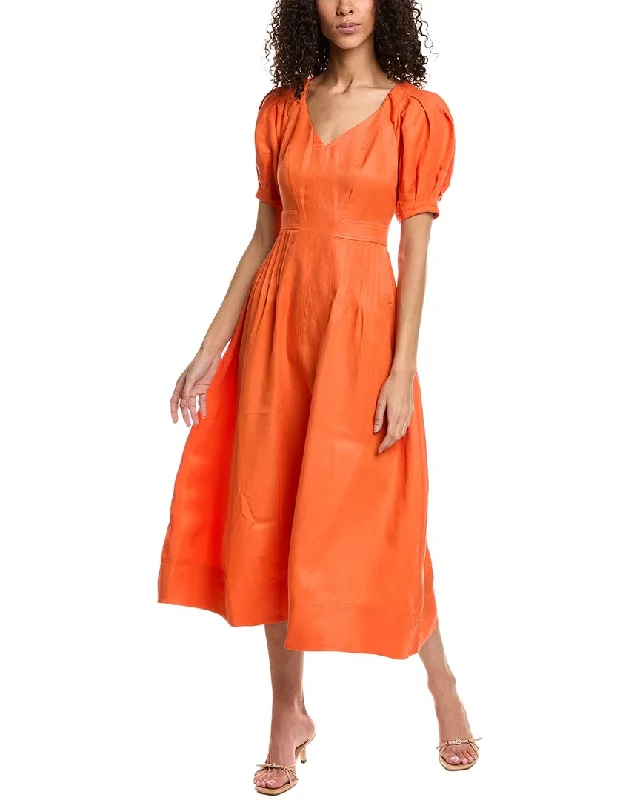 Shop and Save Ted Baker Fit & Flare Puff Sleeve Linen-Blend Midi Dress
