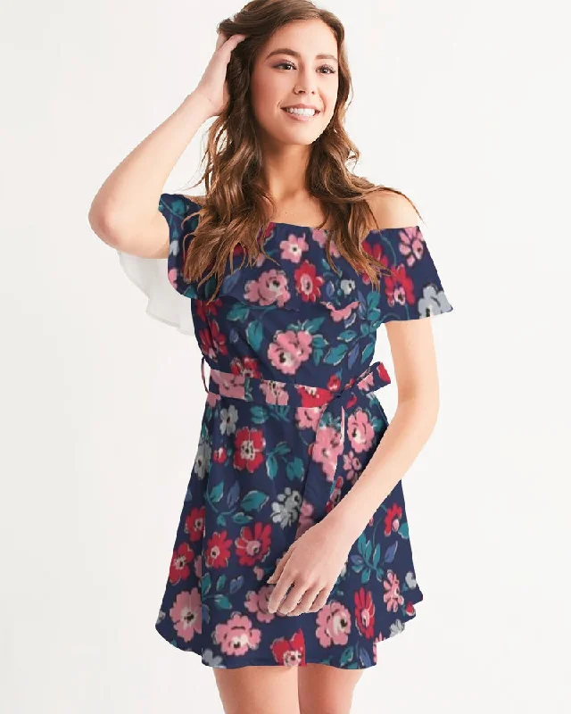 Online Exclusive Midnight blue pretty glance.  Women's All-Over Print Off-Shoulder Dress