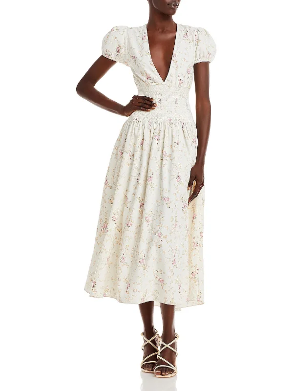 Price Drop Womens Floral Print Tea Length Midi Dress