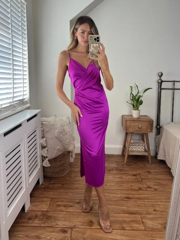 Price Slash Vera Satin Drape Midi Dress in Purple