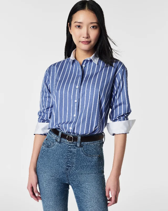 Sneak Peek Sale SPANX® Poplin Oversized Button Down, Postal Blue Stripe