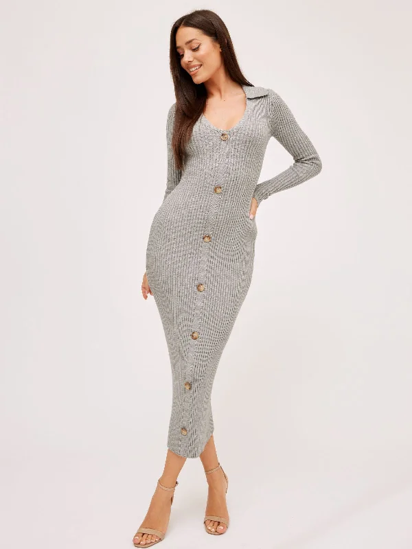 Flash Deals Everly Collar Knitted Midi Dress / Grey