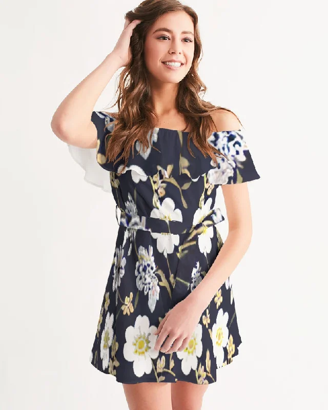 Overstock Sale Pink flower black background Women's All-Over Print Off-Shoulder Dress