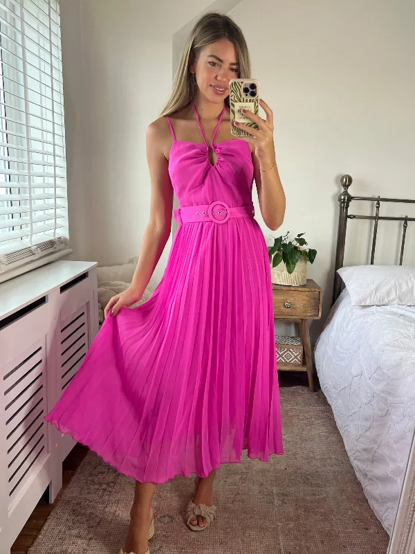 One-DAY Sale Darby Halter Pleated Dress / Pink