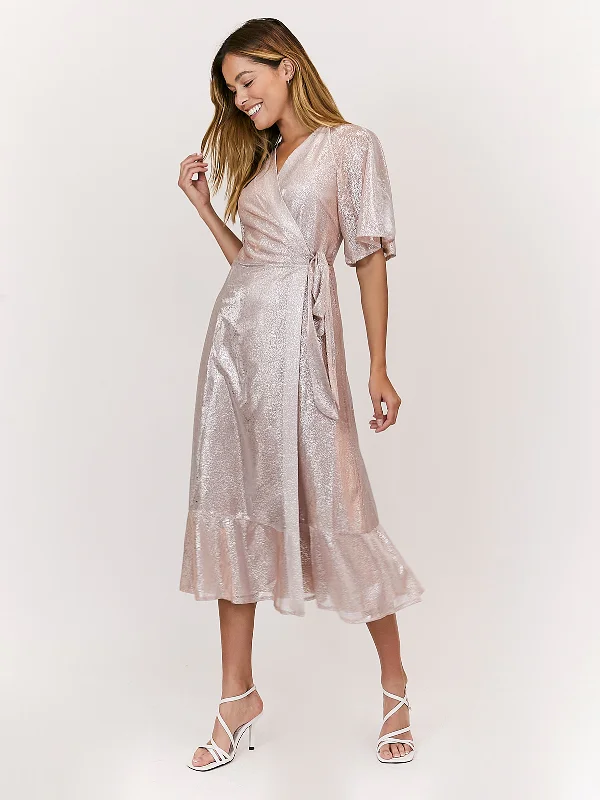 Bonus Savings Peyton Angel Sleeve Blush Metallic Wrap Midi Dress
