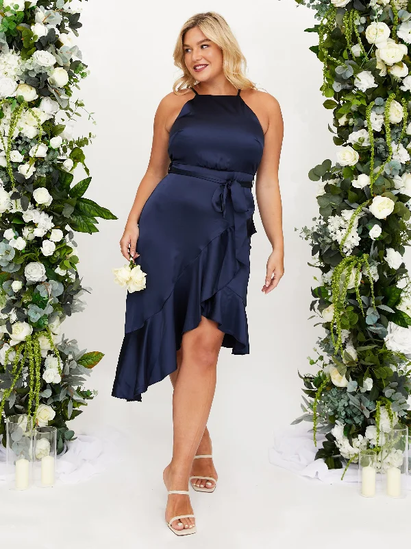 Weekend Deal Halter Frill Satin Midi Dress / Navy