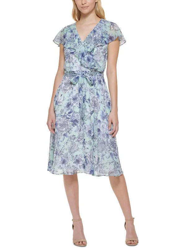 Factory Direct Sale Petites Womens Chiffon Floral Fit & Flare Dress