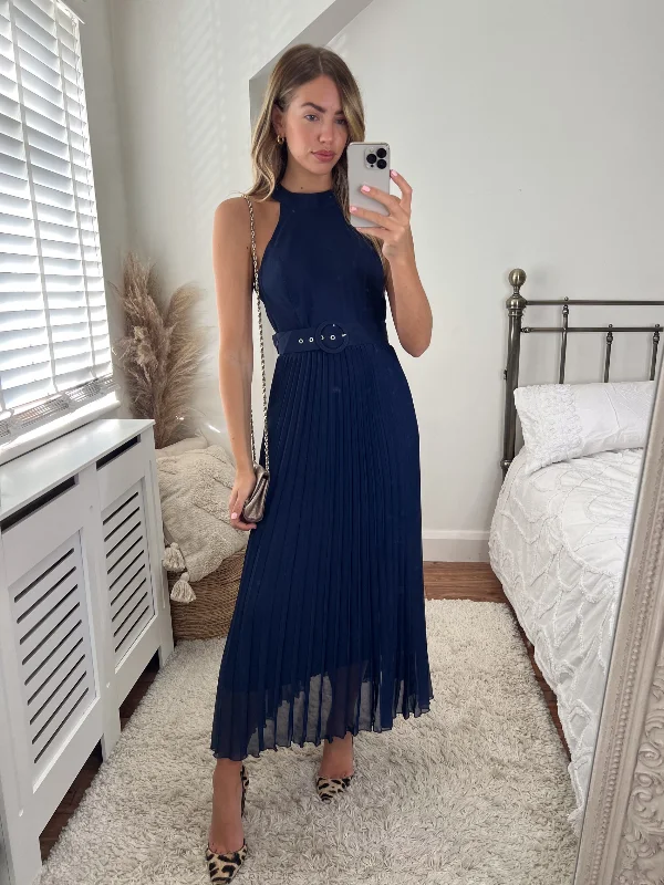 Season Finale Sale Luisa Belted Pleated Maxi Dress / Navy
