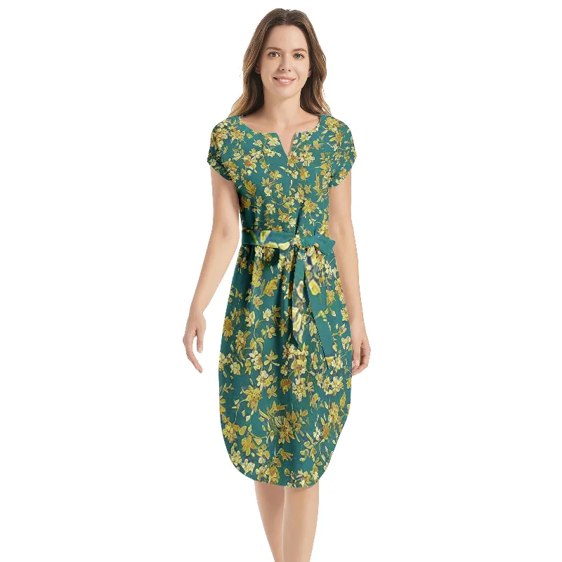 The Best Prices Notched Neck Belted Dress