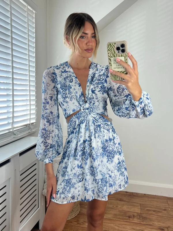 Price Buster Tasha Cut Out Mini dress / Blue & White Floral