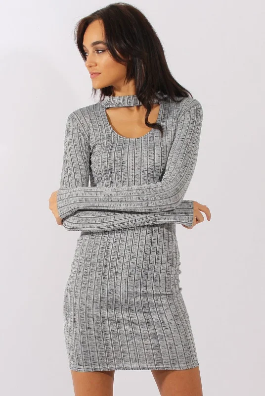 Markdowns Grey Ribbed Cut Out Front Bodycon Dress - Lenny