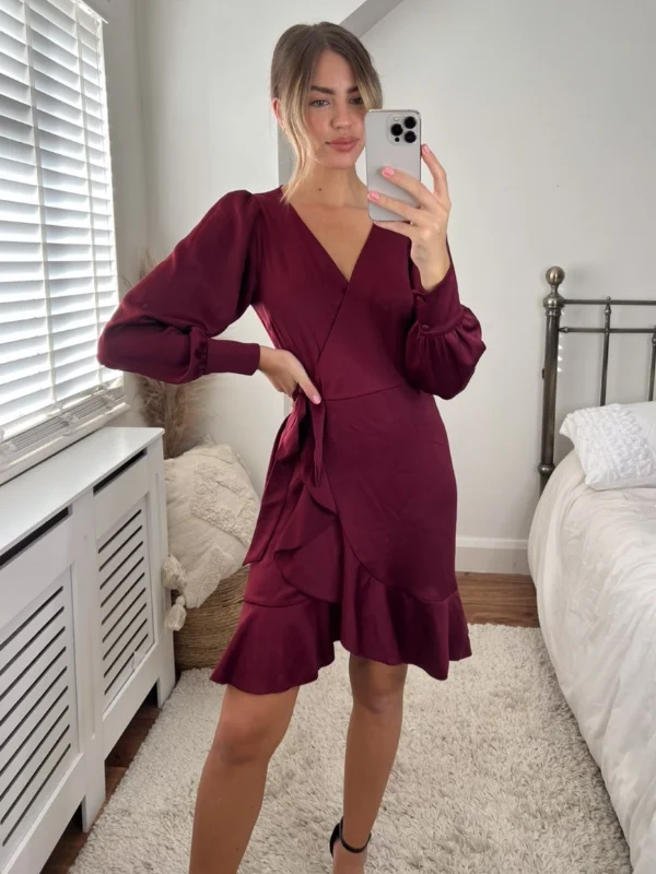 Limited Time Offer Bobbi Wrap Satin Mini Dress / Merlot