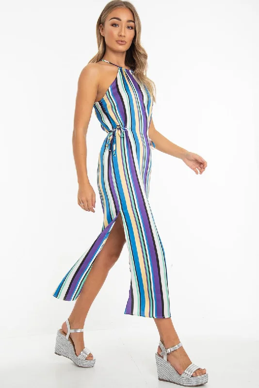 Doorbuster Deal Blue Stripe Halterneck Drawstring Waist Maxi Dress - Melanie