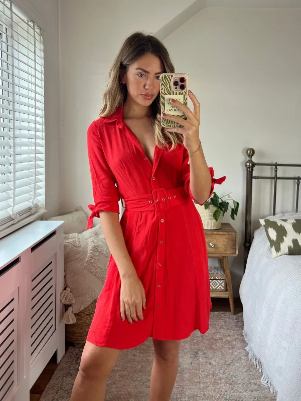 Deal of the Day Olivia Mini Belted Shirt Dress / Red