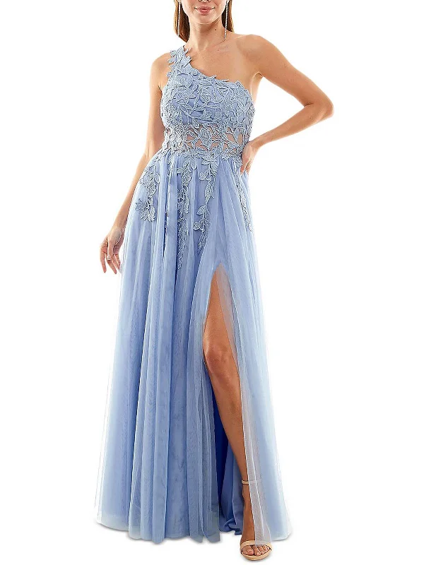 Deal of the Day Juniors Womens Embroidered Asymmetric Evening Dress