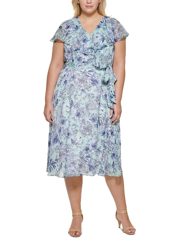 Deep Discounts Plus Womens Chiffon Floral Fit & Flare Dress