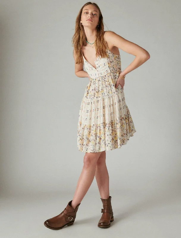 Super Sale Lucky Brand Women's Printed Button Front Tiered Mini Dress