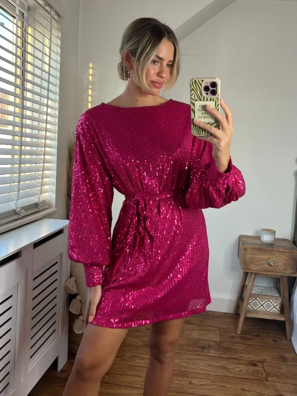 Special Price Skylar Balloon Sleeve Mini Dress / Hot Pink