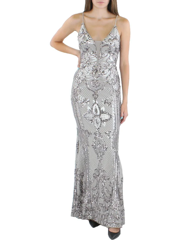 Crazy Deals Womens Sequined Illusion Evening Dress