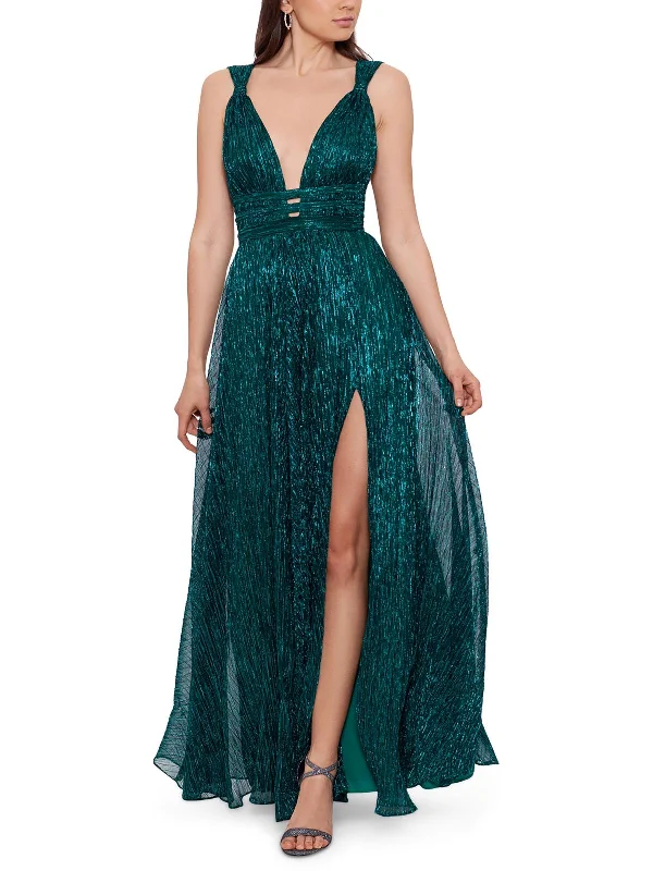 Price Reduction Womens Metallic Plunging Evening Dress