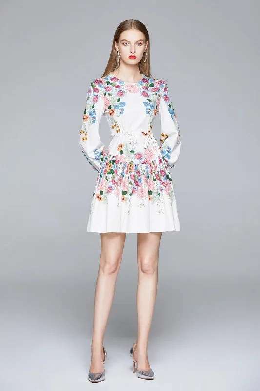 Savings Alert WHITE & MULTICOLOR FLORAL PRINT Day A-line Crewneck Long Sleeve Mini Dress