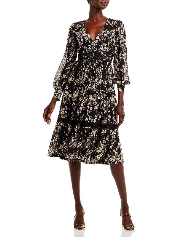Sneak Peek Sale Womens Floral Print Crochet Trim Midi Dress