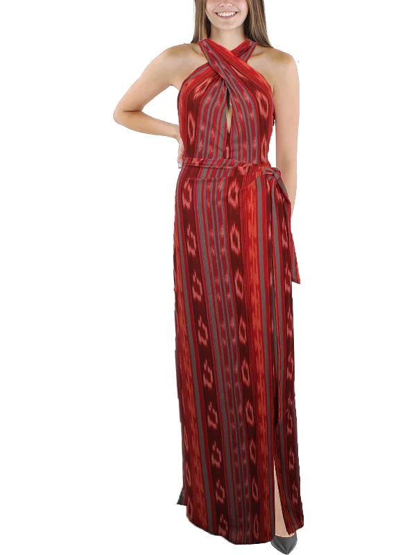 Take Advantage Womens Striped Halter Evening Dress