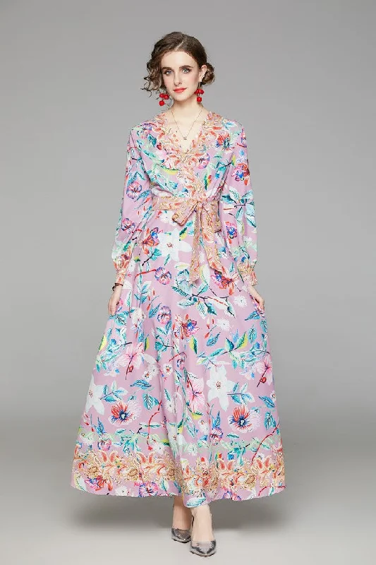 Super Sale Pink & Flower print Day A-line V-neck Long Sleeve Tea Dress