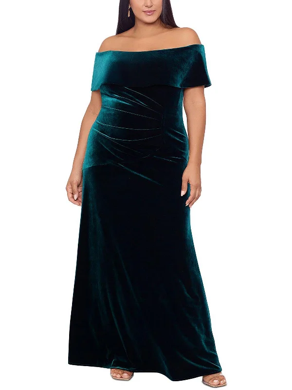 Best Seller Plus Womens Velvet Gathered Evening Dress
