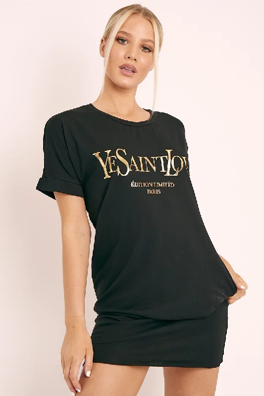 New Deals Black and Gold Parisian Slogan T-shirt Dress - Claire