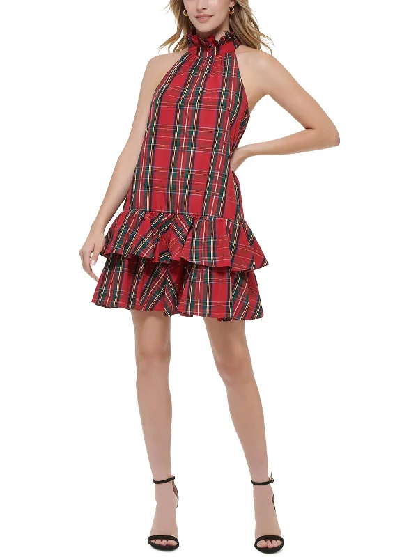Don’t Miss Out Womens Plaid Knee Halter Dress