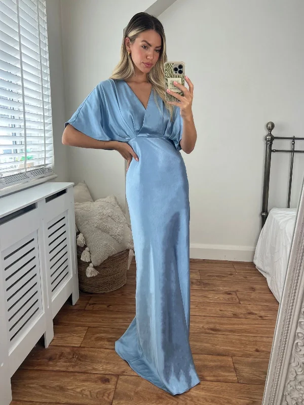 Grand Opening Sale Angel Sleeve Maxi Satin Dress / Slate Blue