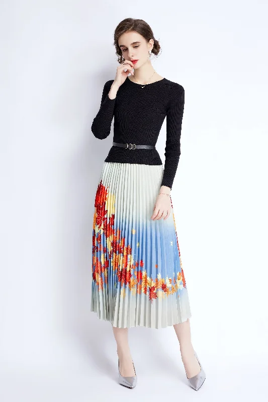 Bargain Blast Multicolor Cocktail A-line Crewneck Long Sleeve Maxi Pleated Dress