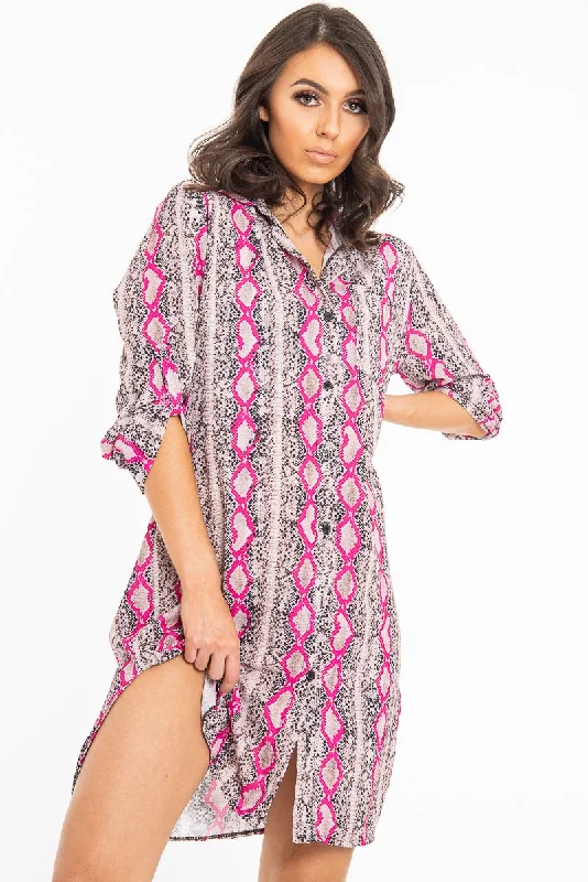 Limited Stock Fuchsia Snake Print Oversized Shirt Dress - Joselynn