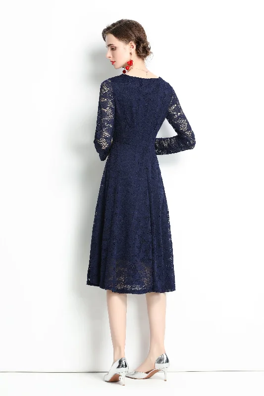 Anniversary Sale Navy Evening Lace A-line Boatneck Long Sleeve Midi Classic Dress