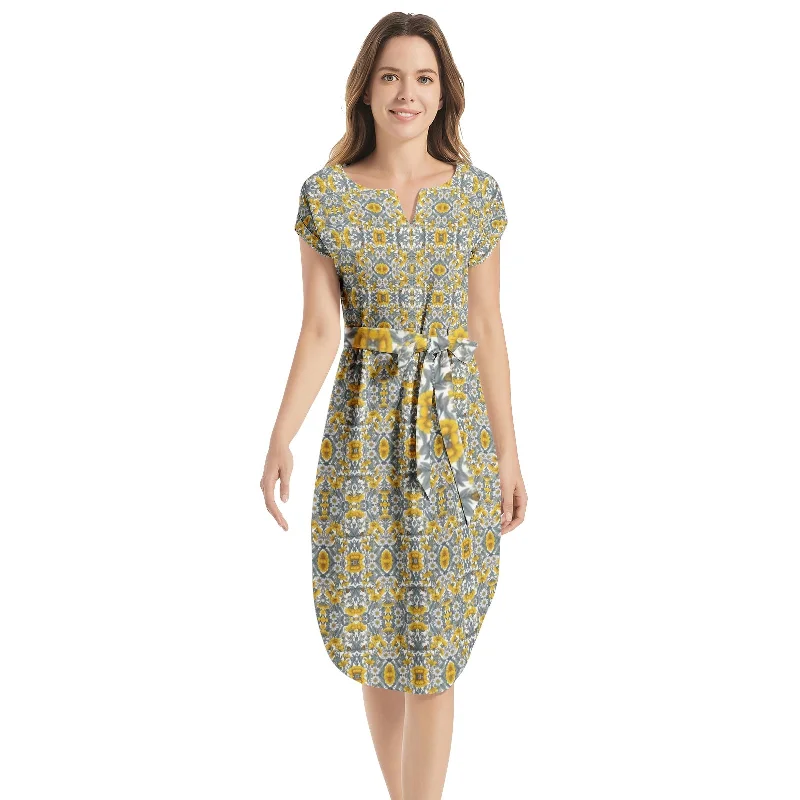 Savings Event Notched Neck Belted Dress