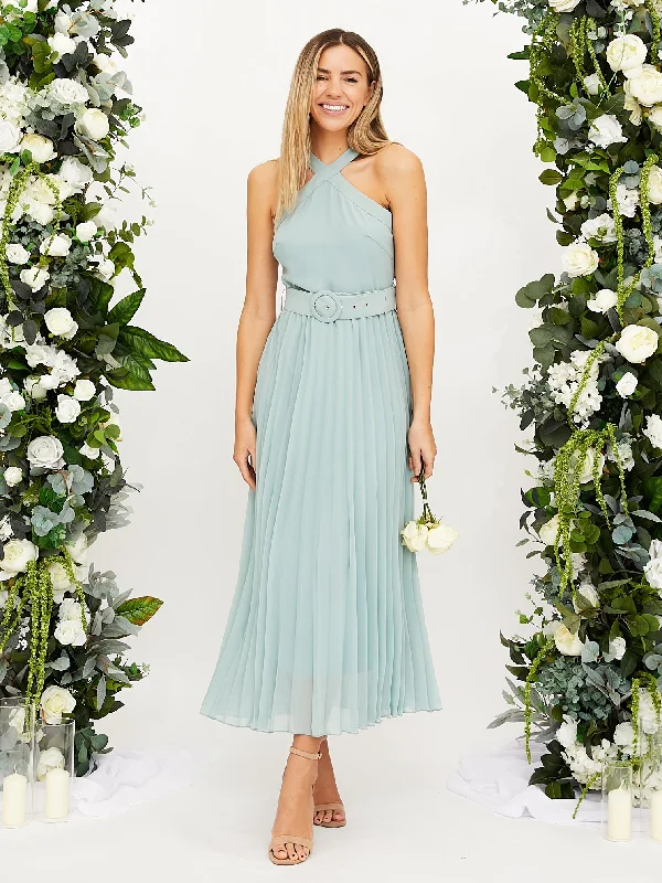 Last Chance Cross Neck Pleated Midaxi Chiffon Dress / Sage