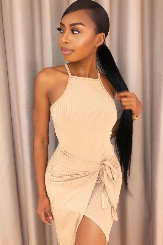 Big Discounts Beige Ribbed Wrap Front Tie Detail Midi Dress - Praise