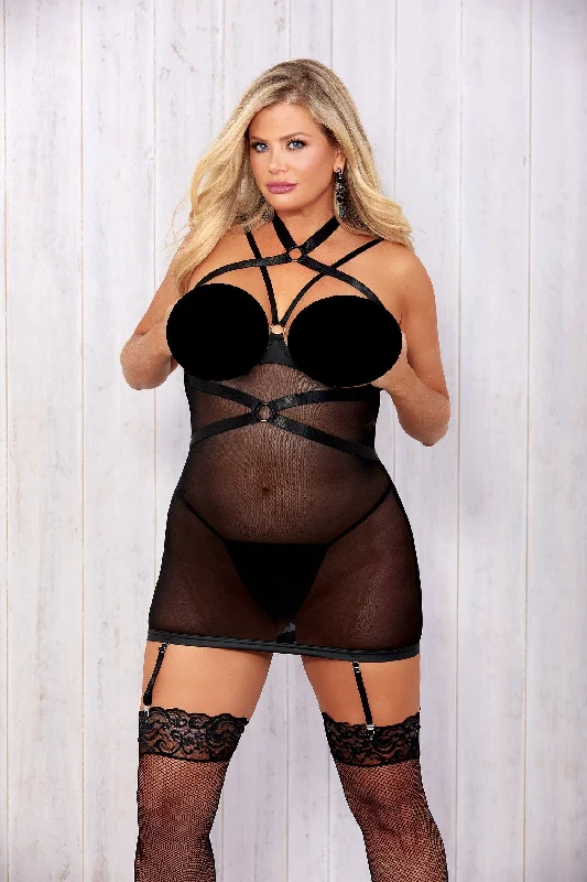 Now or Never Queen Riveting Mesh & Faux Leather Garter Dress