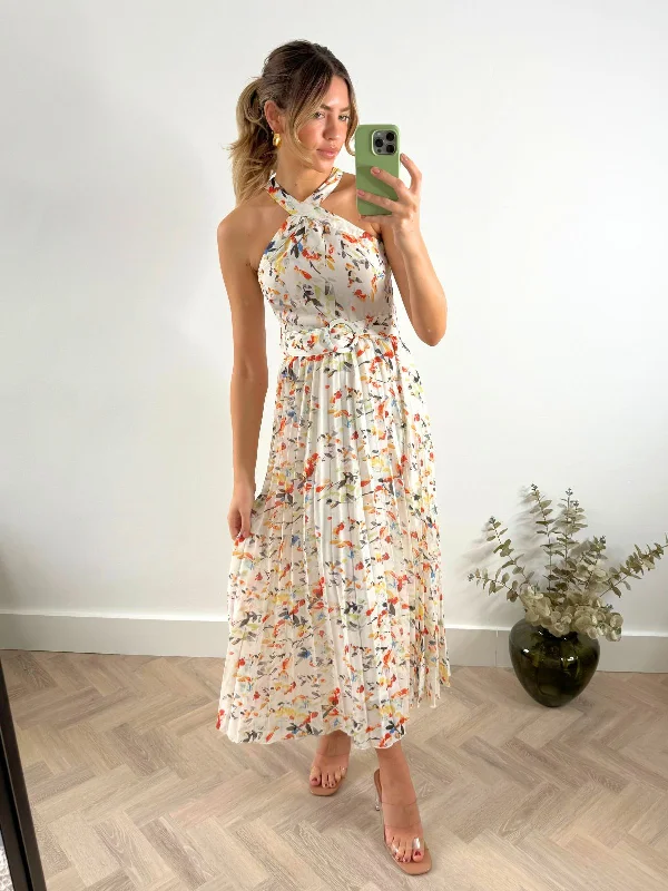 Get It Before It’s Gone Paige Halter Pleated Belted Dress / Multi Floral