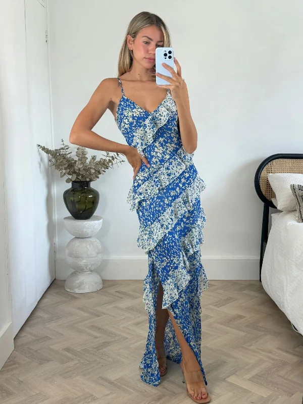 Stock Clearance Cordelia Frill Maxi Dress in Blue