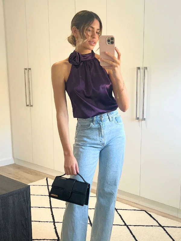 New Arrival Nylah Satin Corsage Halter Top / Purple