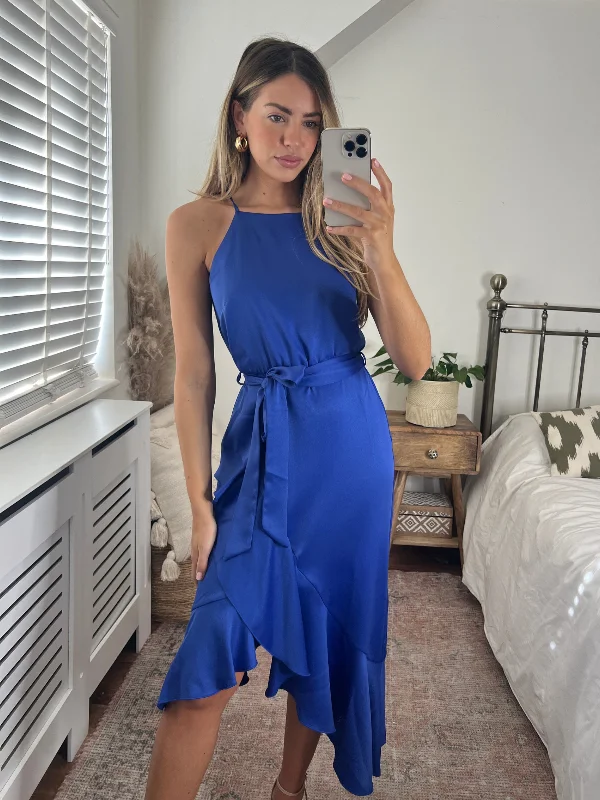 Huge Discounts Ariana Halter Frill Dress / Cobalt Blue