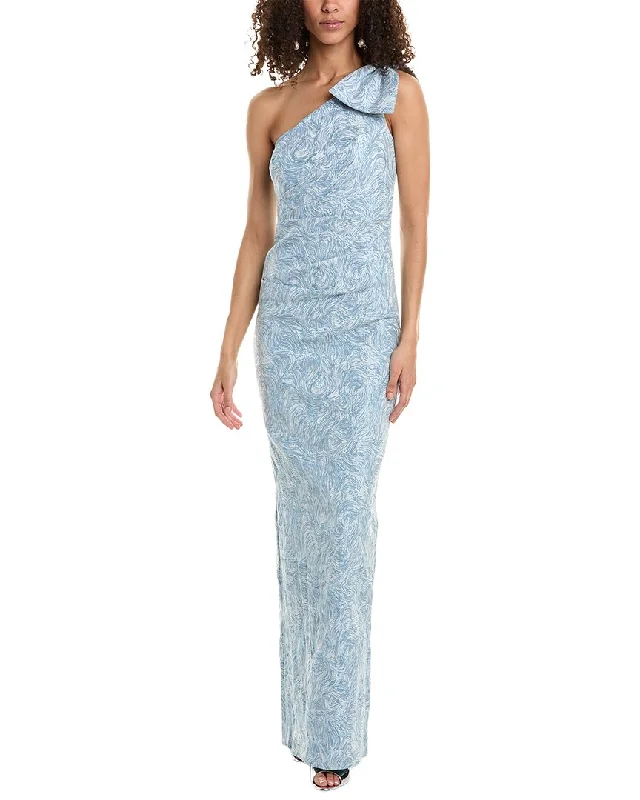Year-End Sale Teri Jon by Rickie Freeman One-Shoulder Bow Abstract Print Jacquard Gown