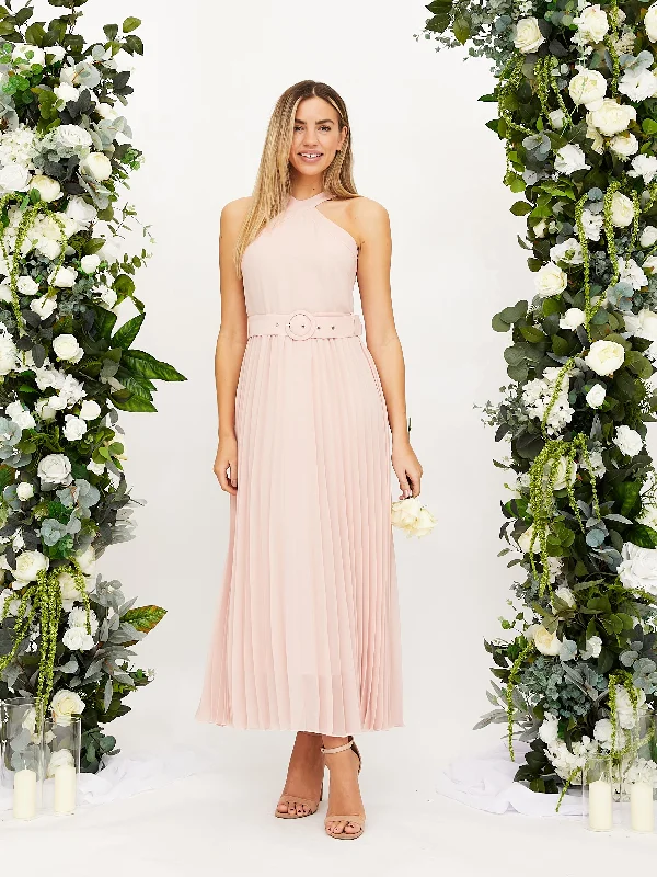 Clearance Sale Cross Neck Pleated Midaxi Chiffon Dress / Blush