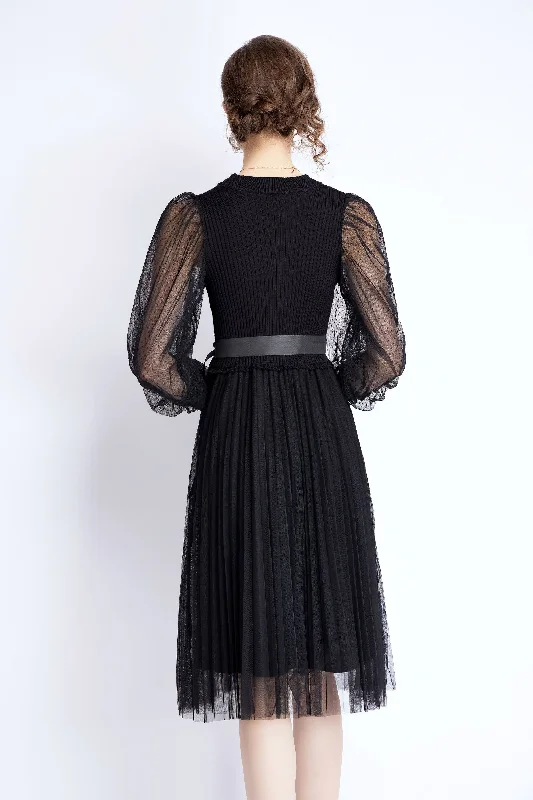 Warehouse Sale Black Evening A-line Crewneck Long Sleeve Knee Lace Dress