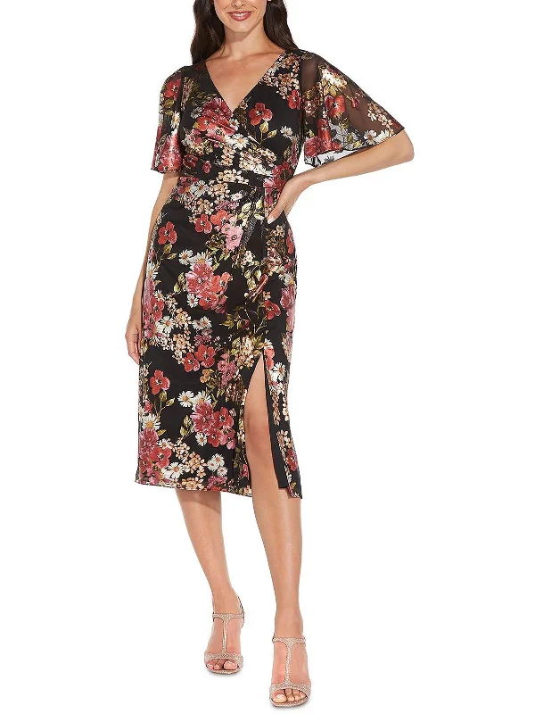 Deep Discounts Womens Floral Metallic Cocktail and Party Dress