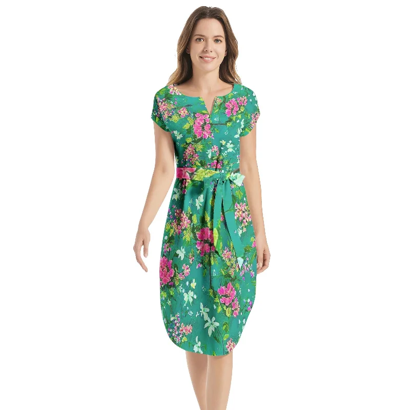 Limited Time Offer Notched Neck Belted Dress