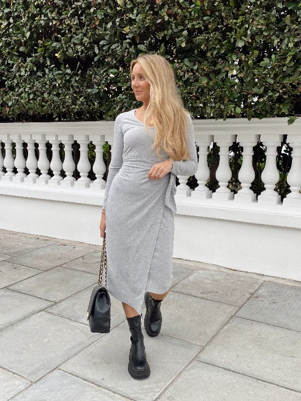 Clearance Items Selena V Neck Jersey Wrap Midi Dress / Grey