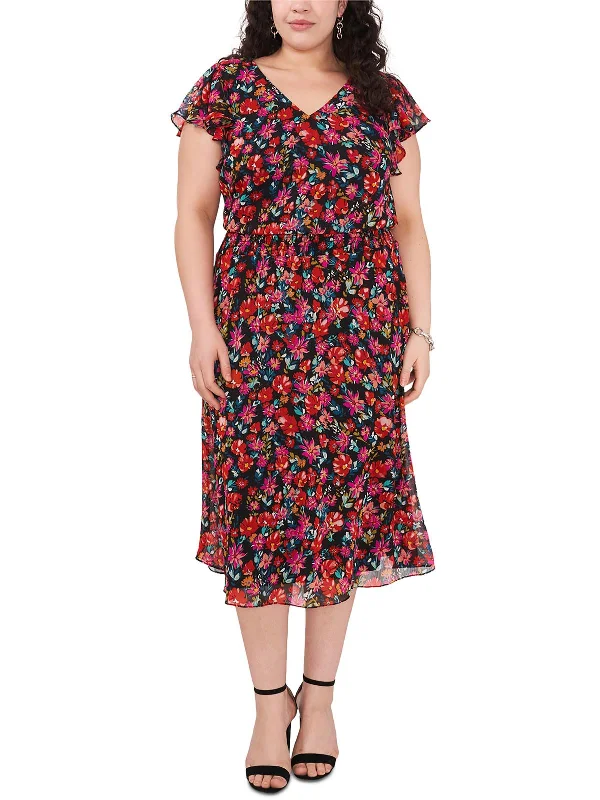 Take Advantage Plus Womens V-Neck Mid-Calf Midi Dress